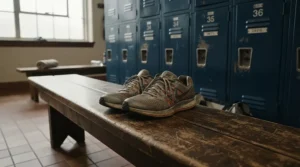 Preparing distance spikes for 5000m on a wooden bench inside a stadium locker room
