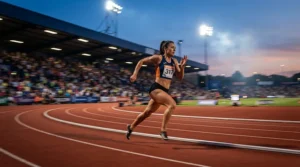 Track athlete wearing distance spikes for 5000m during an evening speed workout