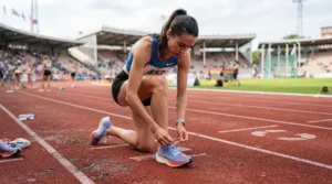 Runner tying laces on distance spikes for 5000m at a local high school track