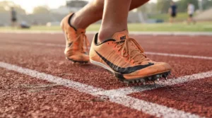 Close-up of middle distance track spikes resting at the starting line of a 5k race