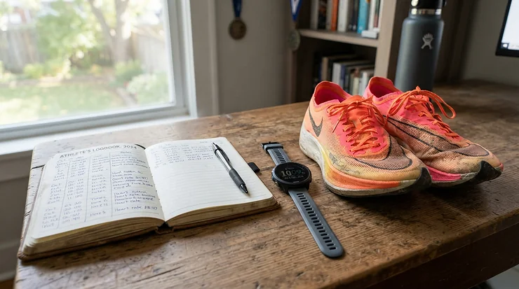 Notebook and stopwatch next to distance spikes for 5000m on a wooden table