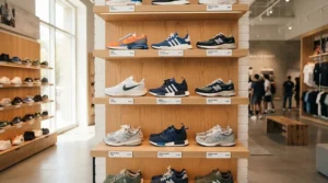 Retail display showcasing entry level carbon plate shoes on wooden store shelves