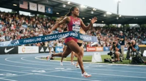 Female runner crossing the finish line in agile racing flats for marathon speed