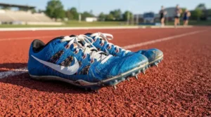 A pair of lightweight racing flats for marathon runners resting on a running track.