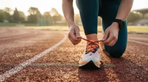 Runner tying laces on ultra-lightweight racing flats for 5k track workouts