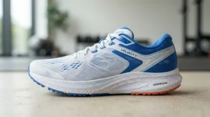 A close-up view of the minimalist sole on racing flats for marathon distance events.