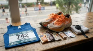 Professional gear setup including racing flats for marathon competition on a wooden table.