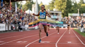 A competitor sprinting toward the finish line in ultra-light racing flats for marathon success.
