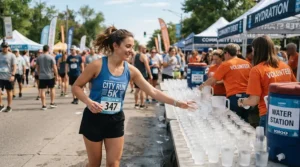 A participant grabbing a paper cup of water while wearing racing flats for marathon pacing.