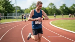 A runner checking a sports watch while wearing racing flats for marathon pacing practice.