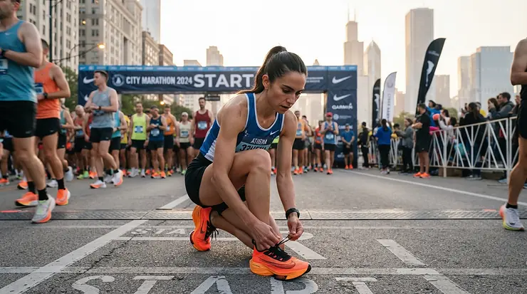 An athlete tying lightweight racing flats for marathon day at a crowded starting corral.