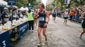 Runner holding a water cup while wearing lightweight racing flats for marathon endurance