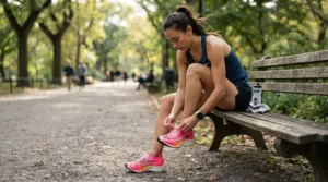 Runner tying laces on specialized racing flats for marathon preparation outdoors