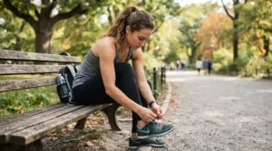 Close-up of an athlete tying laces on high-performance racing flats for marathon training.