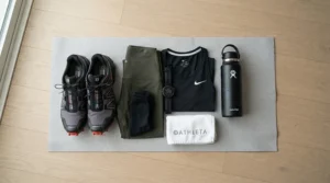 Flat lay arrangement featuring running shoes for flat feet alongside hydration gear and socks
