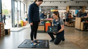 Specialist analyzing gait and overpronation while testing running shoes for flat feet in a specialty running store