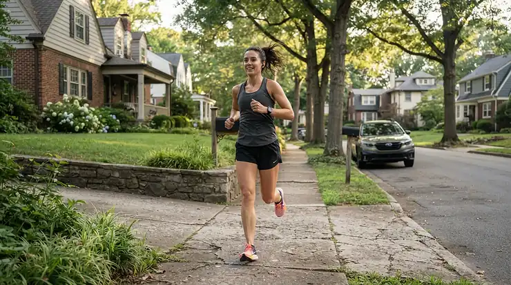 Runner jogging through a city neighborhood wearing supportive running shoes for flat feet