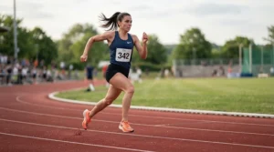 Sprinter demonstrating proper form while wearing running shoes for flat feet on an outdoor running track