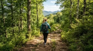 Hiker navigating a dirt trail while wearing durable running shoes for flat feet