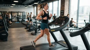 Athlete testing motion control running shoes for flat feet on a gym treadmill
