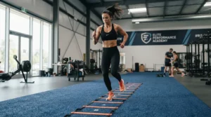A person doing dynamic warmup exercises in running shoes for high arches at a local gym.
