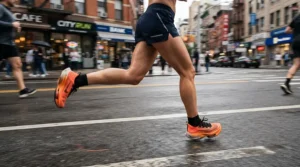 Long-distance runner training for a race in supportive running shoes for high arches on city asphalt.