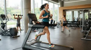 A fitness enthusiast trying neutral cushioned shoes high arch on a gym treadmill.