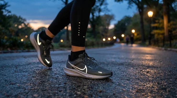 Reflective details glowing on running shoes during an evening run, highlighting running shoes for high arches.