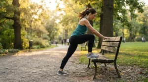 A jogger stretching in a city park wearing running shoes for high arches with a rigid arch support alternative.