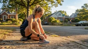 A runner wearing running shoes for high arches during a morning jog on a suburban sidewalk.