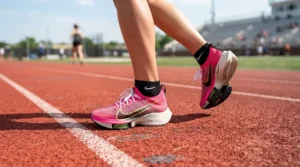An athlete testing running shoes for high arches and supination on an all-weather running track.