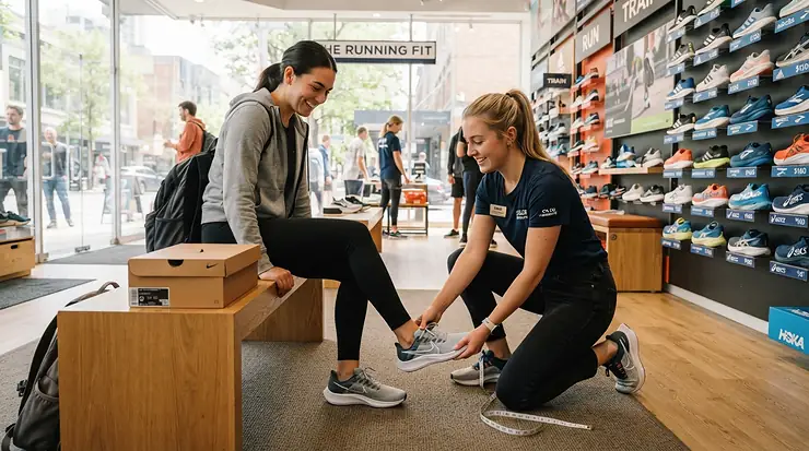 Specialist helping a customer select running shoes for knee pain in a specialty store.