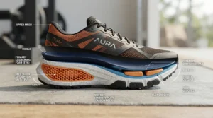 Diagram showing impact absorption technology in running shoes for knee pain.