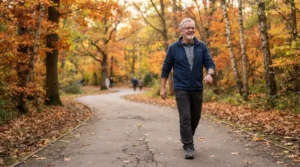 Active senior walking in a park wearing joint-friendly running shoes for knee pain.