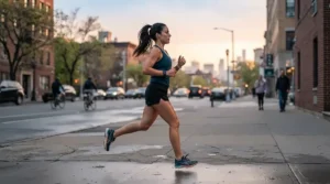 Runner wearing supportive running shoes for knee pain during a morning jog on a city sidewalk.