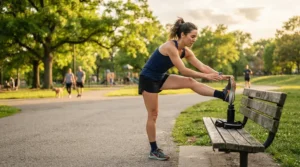 Runner stretching before a workout while wearing running shoes for knee pain.