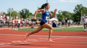 Runner sprinting on a red rubber running track wearing running shoes for knee pain.