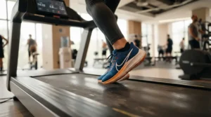 Close-up of cushioned running shoes for knee pain on a gym treadmill.
