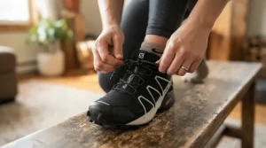 Runner lacing up supportive running shoes for overpronation designed to correct inward ankle rolling.