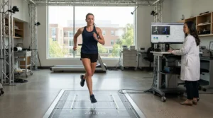 Athlete undergoing professional gait analysis wearing running shoes for overpronation on a testing track.