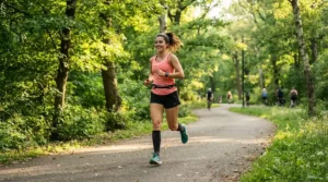 Fitness enthusiast jogging outdoors on a paved park trail using specialized running shoes for overpronation.