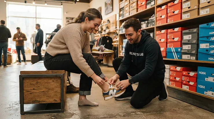Shopper trying on specialized running shoes for overpronation at a specialty athletic footwear store.