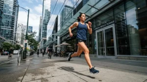 City runner navigating concrete sidewalks with durable running shoes for overpronation providing shock absorption.