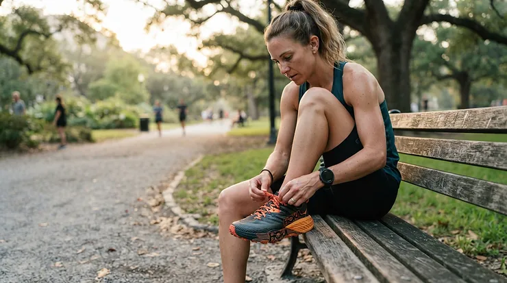 Runner tying running shoes for plantar fasciitis with arch support before a morning jog in a local park