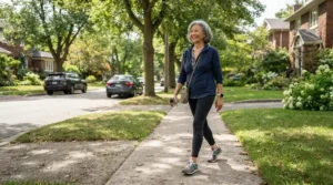 Senior adult wearing comfortable running shoes for plantar fasciitis during a neighborhood walking routine