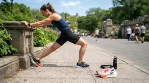 Runner stretching outdoors with running shoes for plantar fasciitis and plantar fascia recovery gear nearby