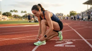 Athlete stretching on a running track while wearing running shoes for plantar fasciitis