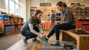 Runner receiving expert advice on running shoes for supination at a specialty running specialty store.