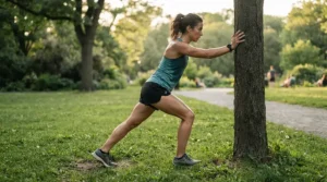 Athlete stretching their calves after a run in their running shoes for supination on a grassy field.