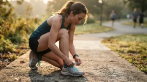 Runner tying their laces on a sunny morning before testing running shoes for supination on asphalt.